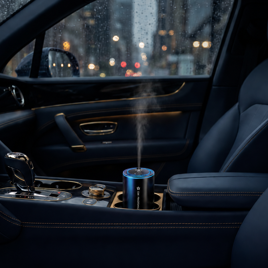 Car interior with a blue diffuser emitting mist, city lights visible through the window.