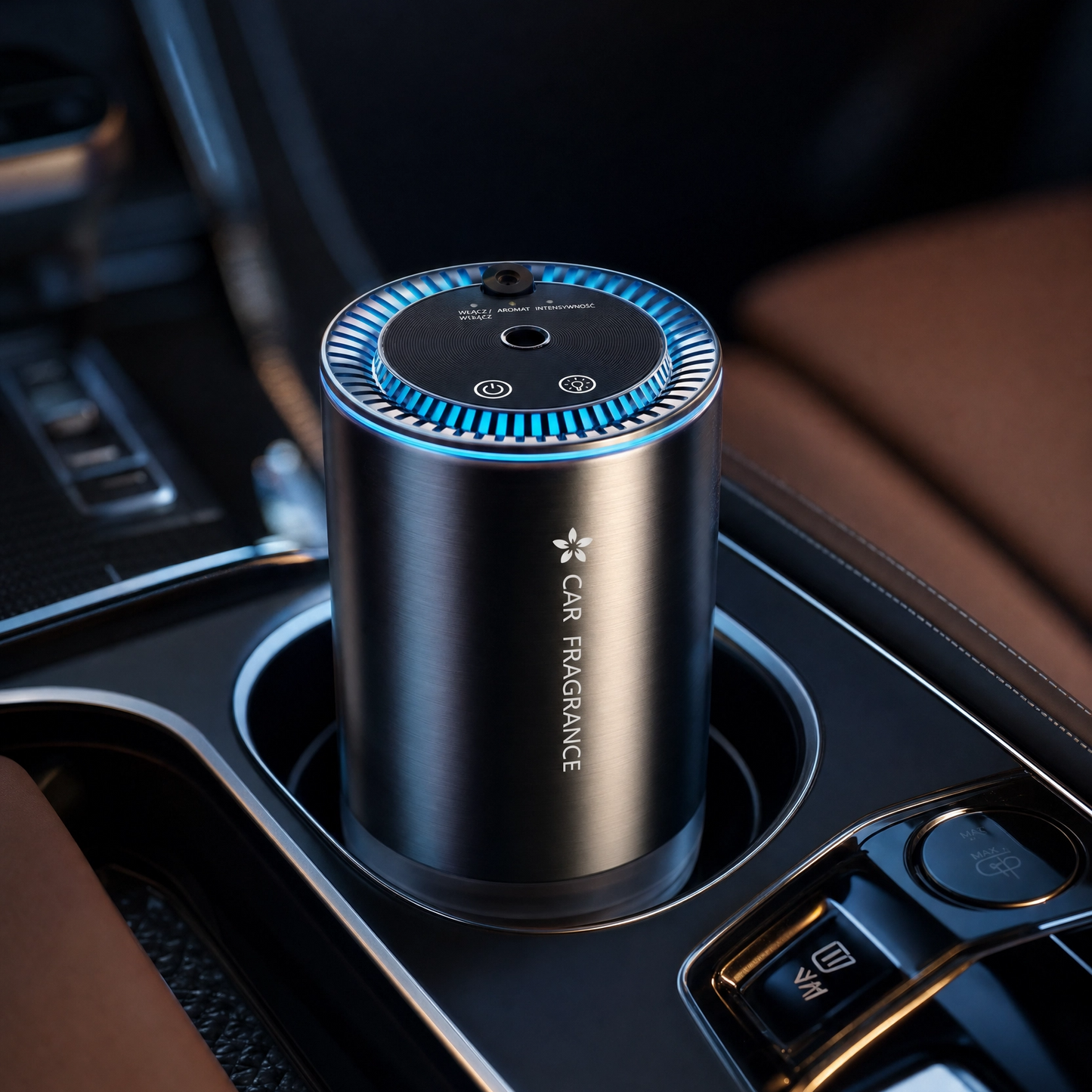 Car air freshener in a car's cup holder with visible brand logo.