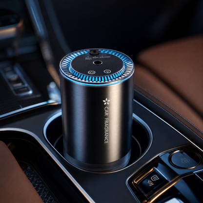 Car air freshener in a car's cup holder with visible brand logo.